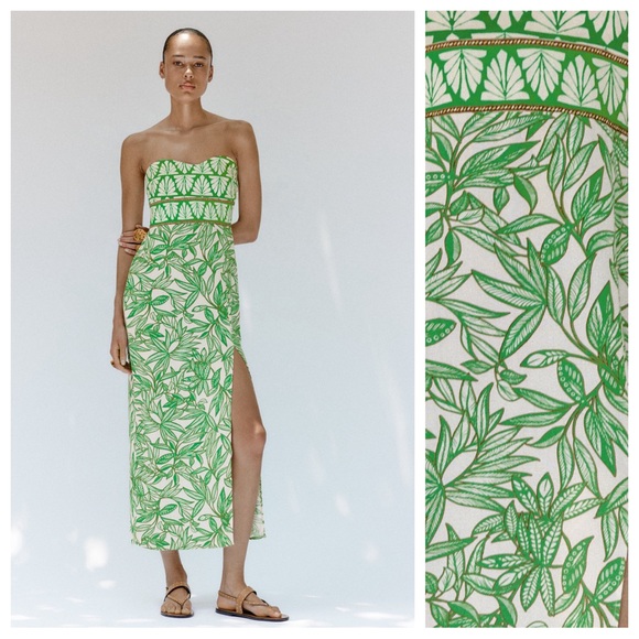 Zara Dresses & Skirts - NWT. Zara Cream/Green Viscose/Linen Blend Printed Strapless Midi Dress. Size L.